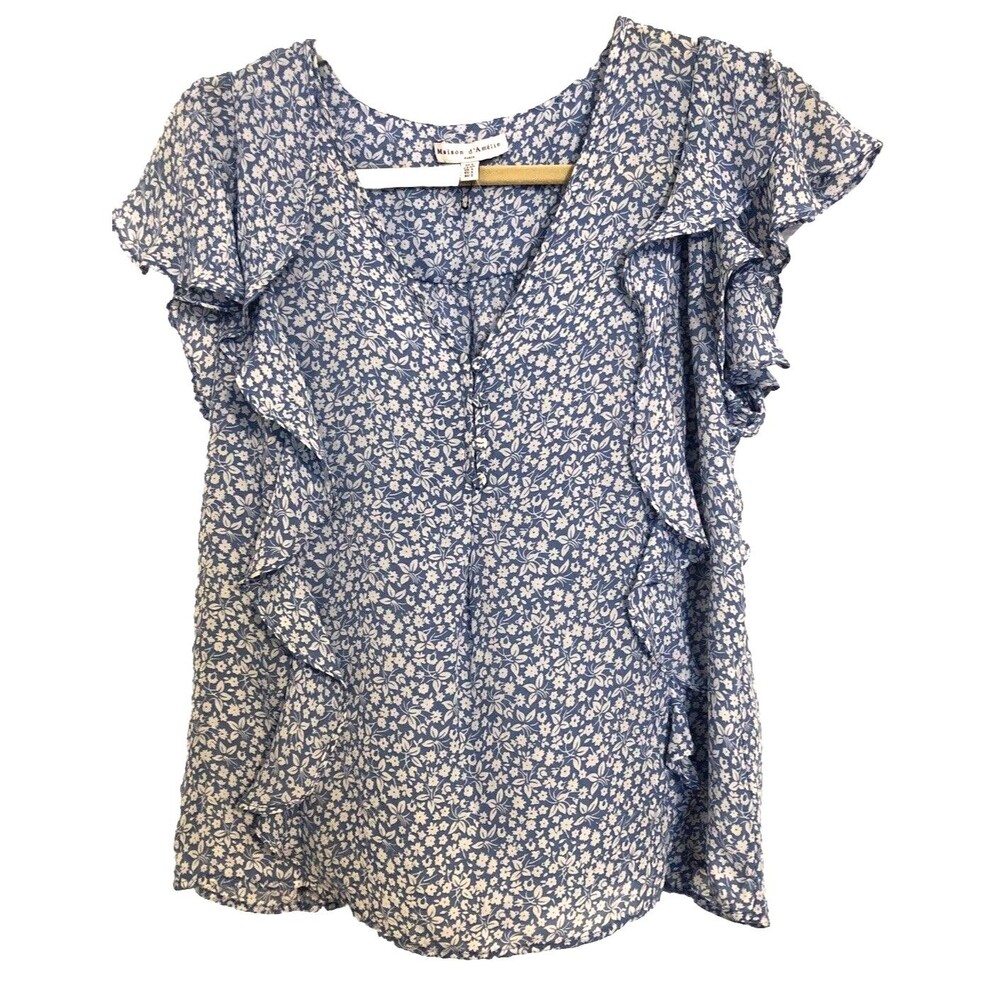 Maison d’Amélie EUC  Flutter Flower print Sleeveless Blouse Small Light Blue